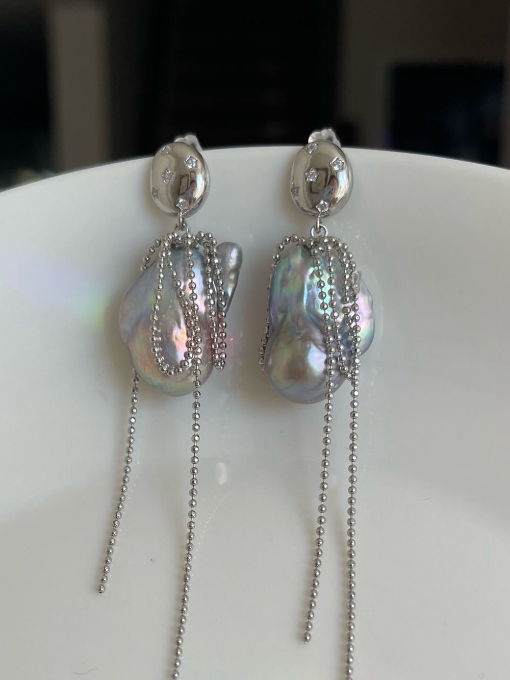 Silver Baroque Pearl Drop Earrings with Chain Tassels